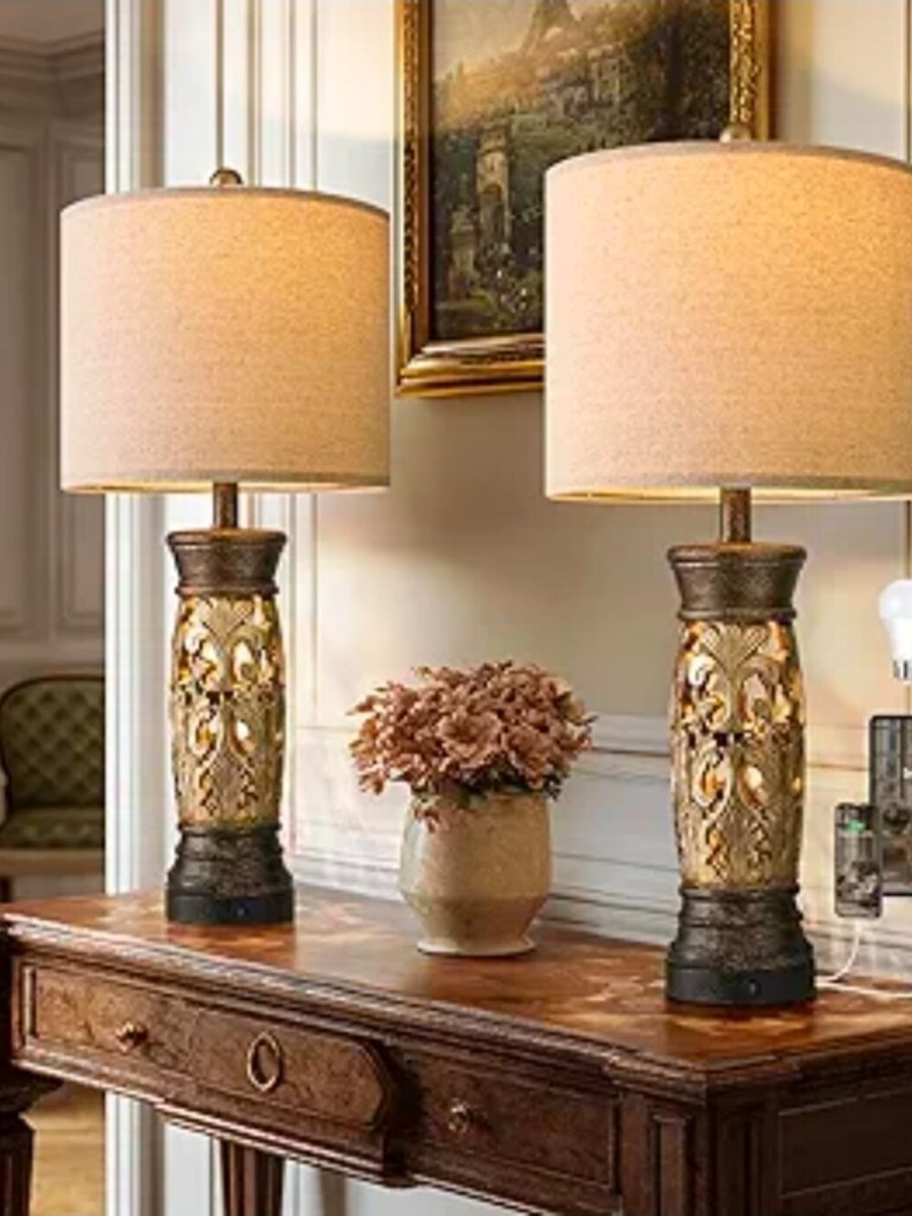 NEW Antique Gold Table Lamps Set of 2 Farmhouse Bedside Lamps with Night Light